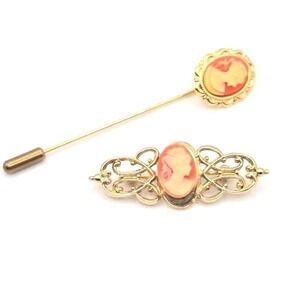Vintage Gold Tone Oval Cameo Brooch Pin Set Ornate Filigree Stick Pin Set